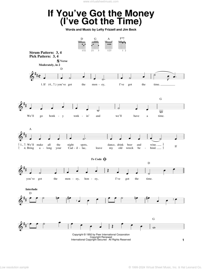 If You've Got The Money (I've Got The Time) sheet music for guitar solo (chords) by Lefty Frizzell, Willie Nelson and Jim Beck, easy guitar (chords)