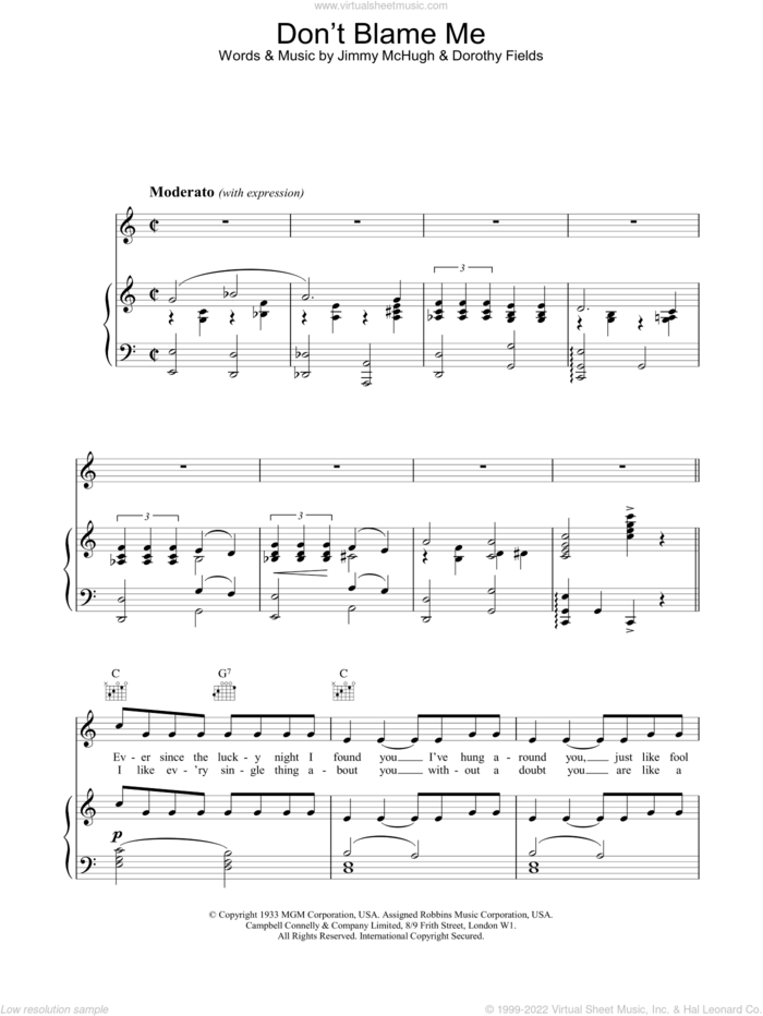 Don't Blame Me sheet music for voice, piano or guitar by Dorothy Fields, intermediate skill level