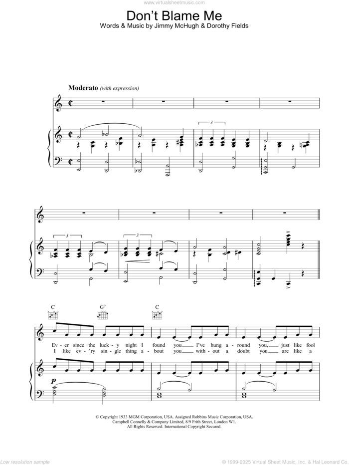 Don't Blame Me sheet music for voice, piano or guitar by Dorothy Fields, intermediate skill level