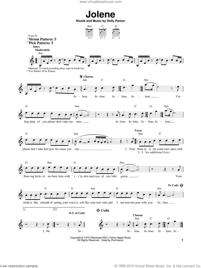 Jolene sheet music for guitar solo (chords) by Dolly Parton, easy guitar (chords)