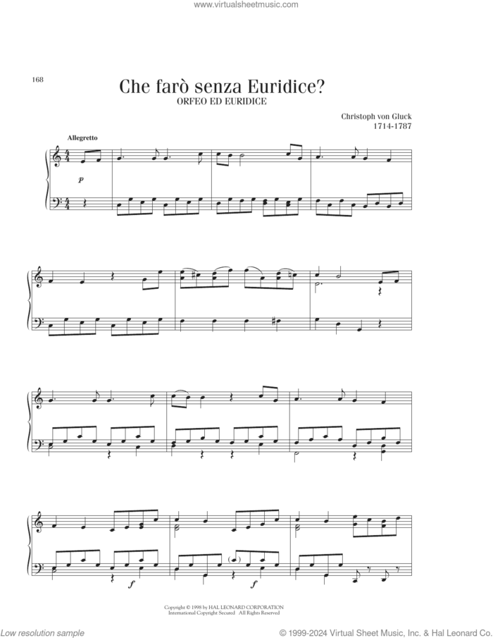 Che Faro Senza Euridice? (Orpheus And Eurydice) sheet music for piano solo by Christoph Willibald Gluck, classical score, intermediate skill level