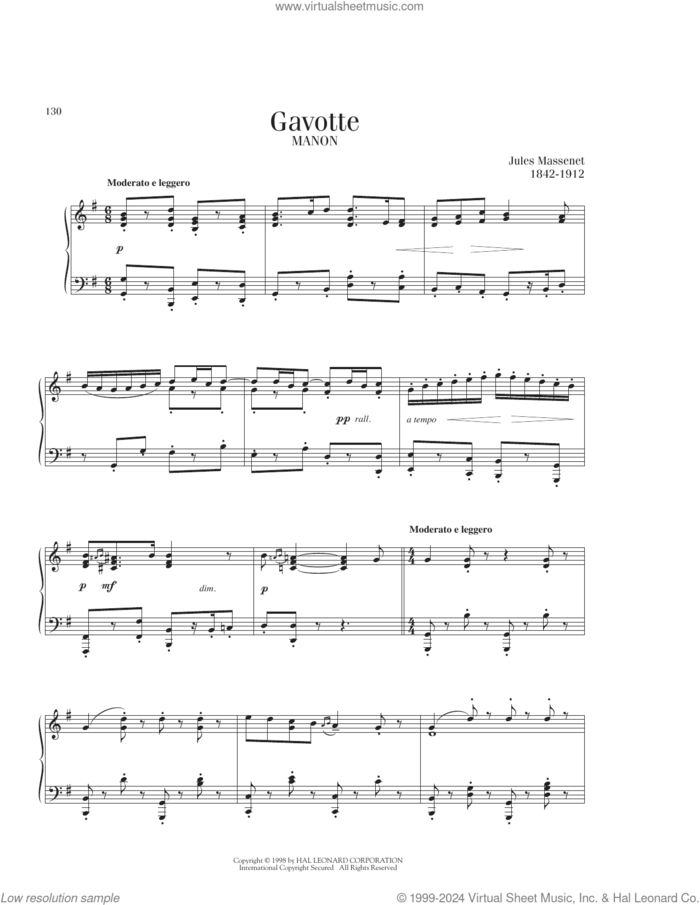 Gavotte, (intermediate) sheet music for piano solo by Jules Massenet, classical score, intermediate skill level