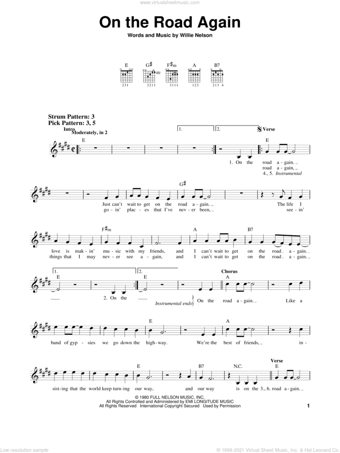 On The Road Again sheet music for guitar solo (chords) by Willie Nelson, easy guitar (chords)