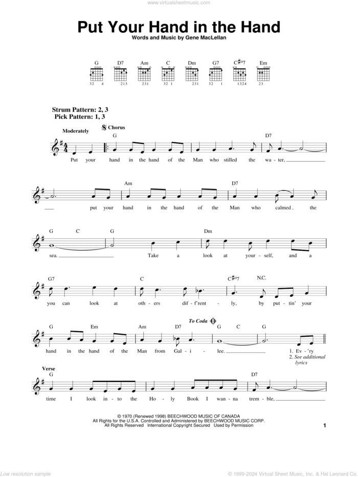 Put Your Hand In The Hand sheet music for guitar solo (chords) by Gene MacLellan, Anne Murray and MacLellan and Ocean, easy guitar (chords)