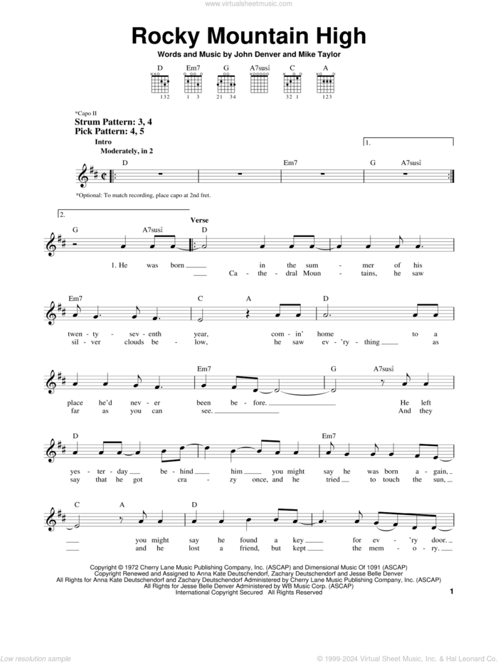 Rocky Mountain High sheet music for guitar solo (chords) by John Denver and Mike Taylor, easy guitar (chords)