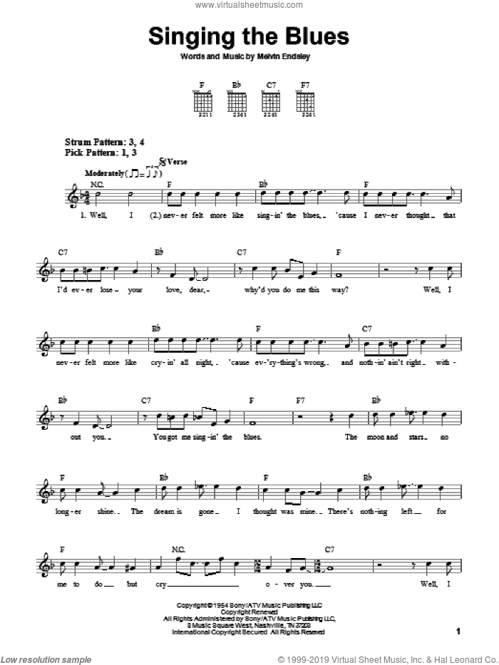 Singing The Blues sheet music for guitar solo (chords) by Guy Mitchell, Marty Robbins and Melvin Endsley, easy guitar (chords)