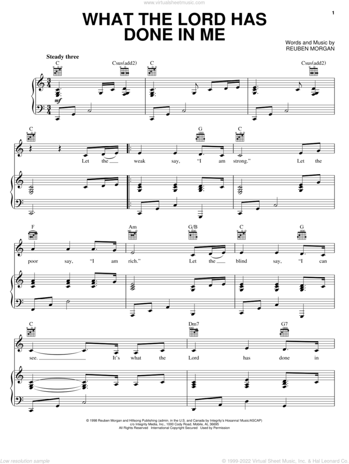 What The Lord Has Done In Me sheet music for voice, piano or guitar by Reuben Morgan, intermediate skill level