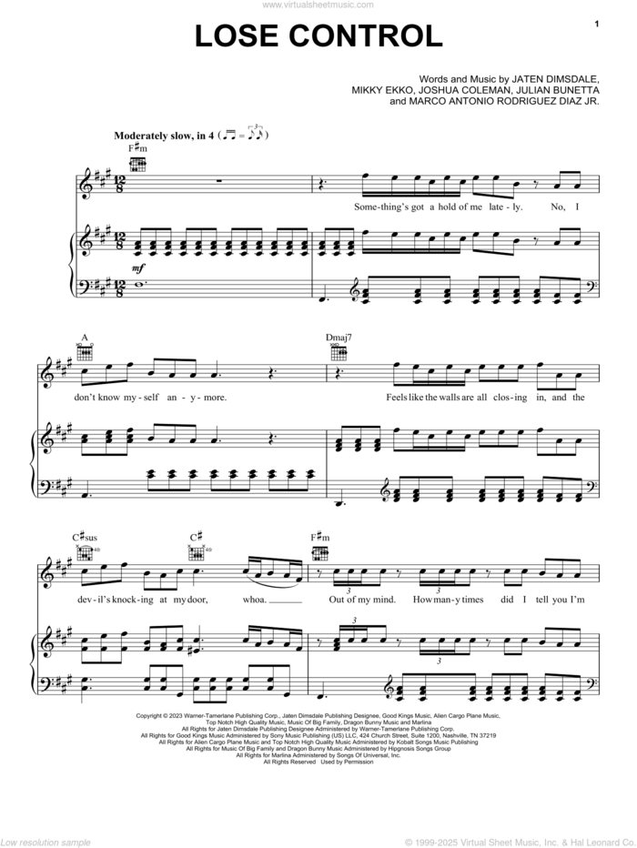 Lose Control sheet music for voice, piano or guitar by Teddy Swims, Jaten Dimsdale (Teddy Swims), Joshua Coleman, Julian Bunetta, Marco Antonio Rodriguez Diaz and Mikky Ekko, intermediate skill level