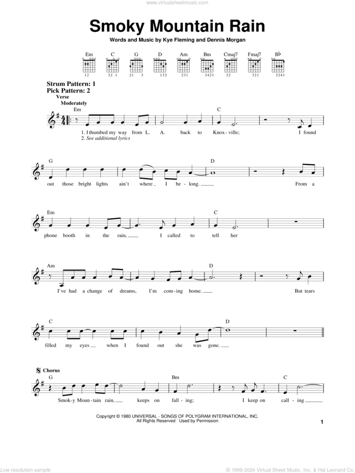 Smoky Mountain Rain sheet music for guitar solo (chords) by Ronnie Milsap, Dennis Morgan and Kye Fleming, easy guitar (chords)