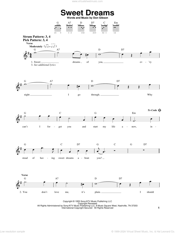 Sweet Dreams sheet music for guitar solo (chords) by Patsy Cline, Emmylou Harris and Don Gibson, easy guitar (chords)