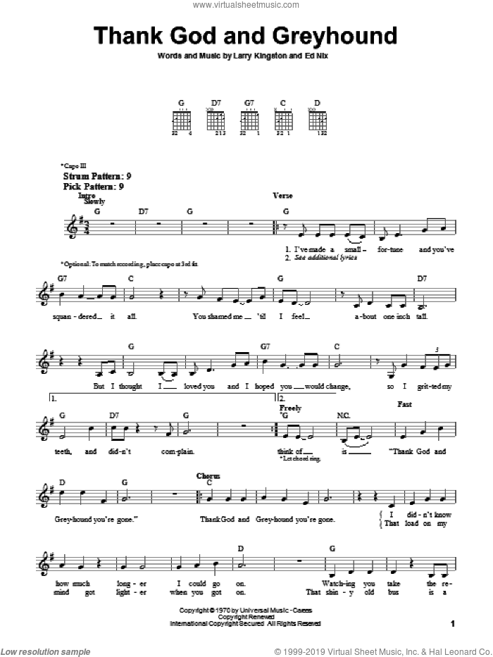 Thank God And Greyhound sheet music for guitar solo (chords) by Roy Clark, Ed Nix and Larry Kingston, easy guitar (chords)
