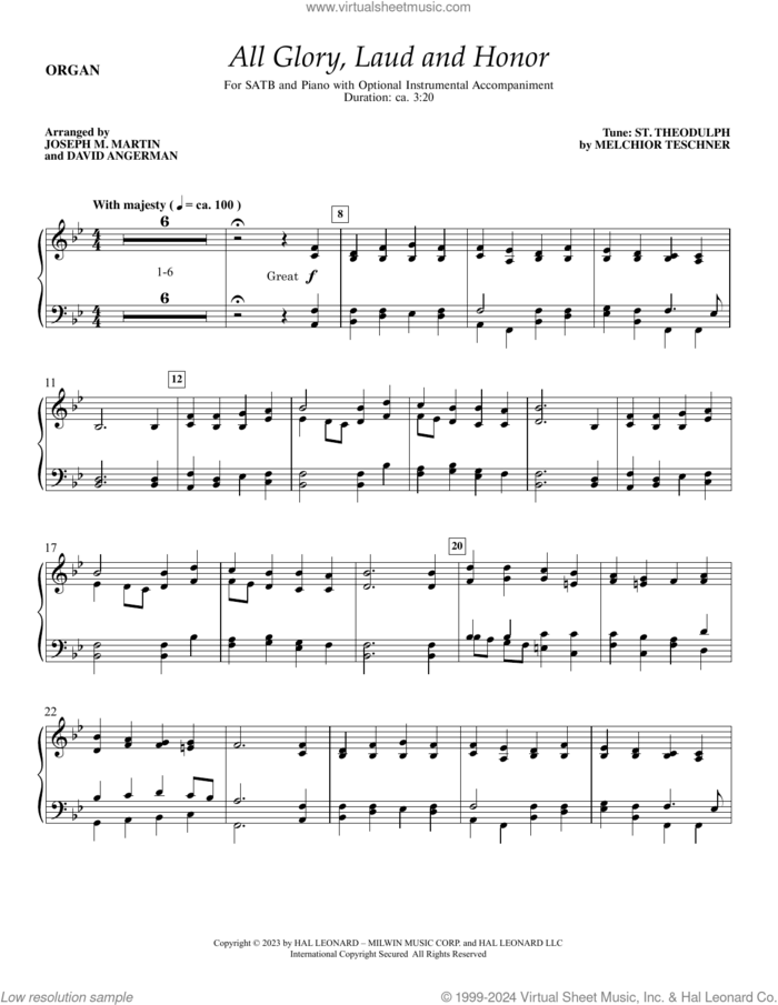 All Glory, Laud and Honor sheet music for orchestra/band (organ) by Melchior Teschner, Joseph M. Martin and David Angerman, John Mason Neale (trans.) and Theodulph of Orleans, intermediate skill level
