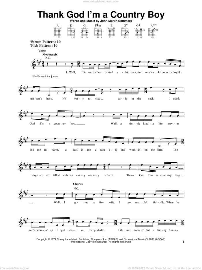 Thank God I'm A Country Boy sheet music for guitar solo (chords) by John Denver and John Martin Sommers, easy guitar (chords)