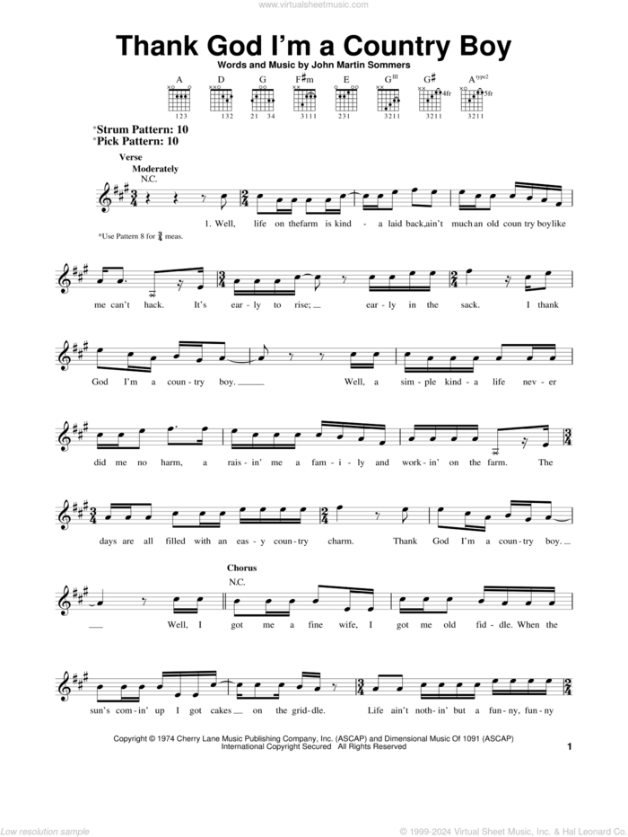 Thank God I'm A Country Boy sheet music for guitar solo (chords) by John Denver and John Martin Sommers, easy guitar (chords)