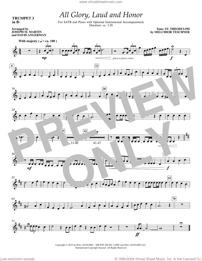 All Glory, Laud and Honor sheet music for orchestra/band (Bb trumpet 3) by Melchior Teschner, Joseph M. Martin and David Angerman, John Mason Neale (trans.) and Theodulph of Orleans, intermediate skill level
