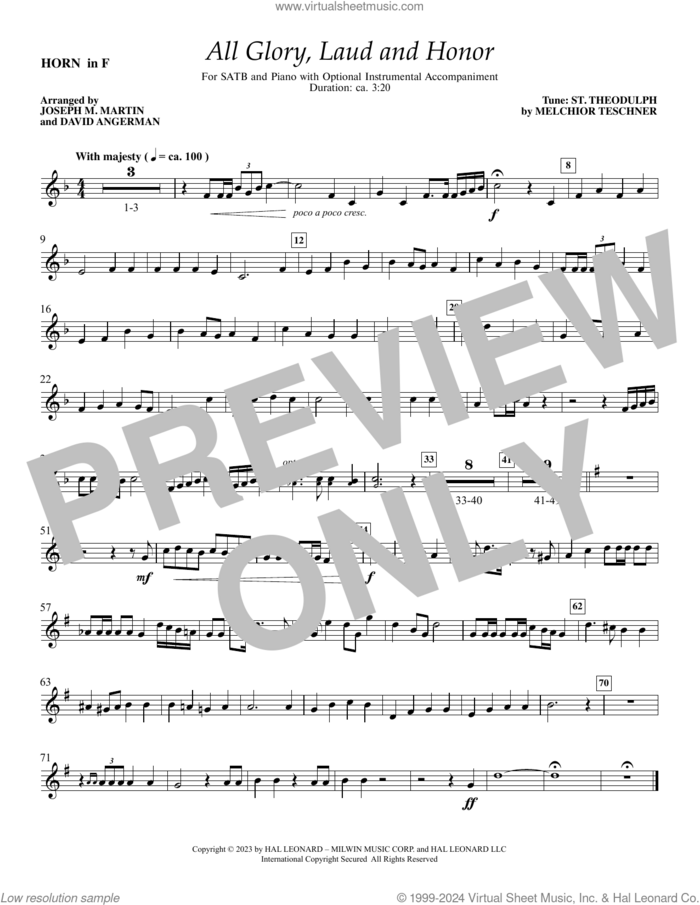All Glory, Laud and Honor sheet music for orchestra/band (f horn) by Melchior Teschner, Joseph M. Martin and David Angerman, John Mason Neale (trans.) and Theodulph of Orleans, intermediate skill level