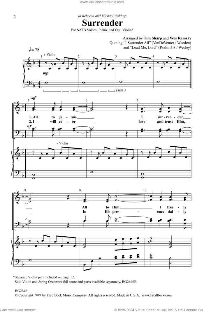Surrender sheet music for choir (SATB: soprano, alto, tenor, bass) by Tim Sharp and Wes Ramsay, Tim Sharp and Wes Ramsay, intermediate skill level