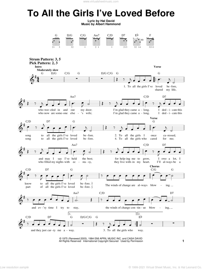 To All The Girls I've Loved Before sheet music for guitar solo (chords) by Julio Iglesias & Willie Nelson, Julio Iglesias, Willie Nelson, Albert Hammond and Hal David, easy guitar (chords)