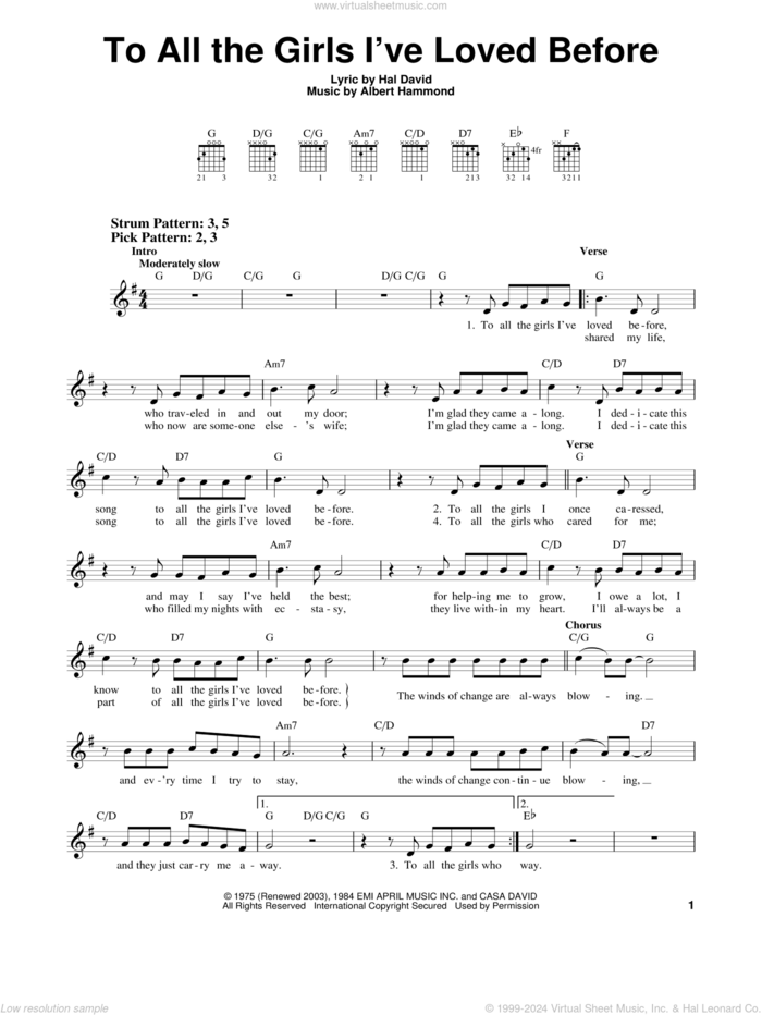 To All The Girls I've Loved Before sheet music for guitar solo (chords) by Julio Iglesias & Willie Nelson, Julio Iglesias, Willie Nelson, Albert Hammond and Hal David, easy guitar (chords)