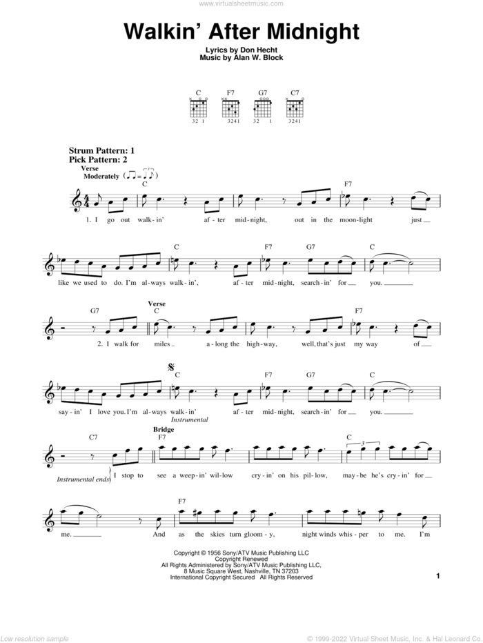 Walkin' After Midnight sheet music for guitar solo (chords) by Patsy Cline, Alan W. Block and Don Hecht, easy guitar (chords)