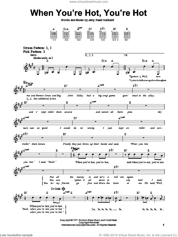 When You're Hot, You're Hot sheet music for guitar solo (chords) by Jerry Reed and Jerry Hubbard, easy guitar (chords)