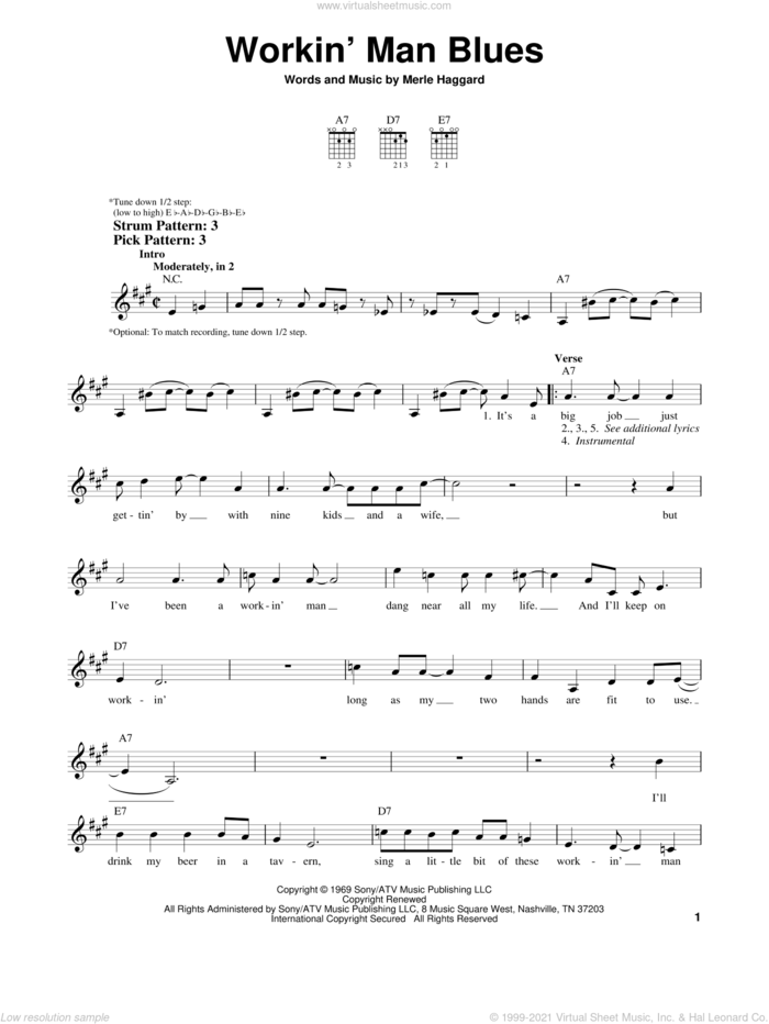 Workin' Man Blues sheet music for guitar solo (chords) by Merle Haggard, easy guitar (chords)
