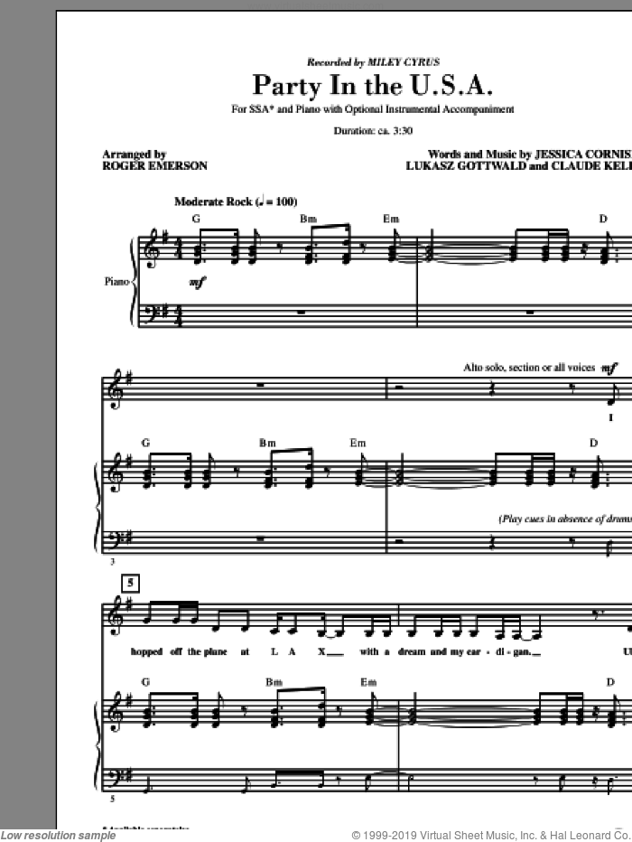 Party In The USA (arr. Roger Emerson) sheet music for choir (SSA: soprano, alto) by Lukasz Gottwald, Claude Kelly, Jessica Cornish, Miley Cyrus and Roger Emerson, intermediate skill level