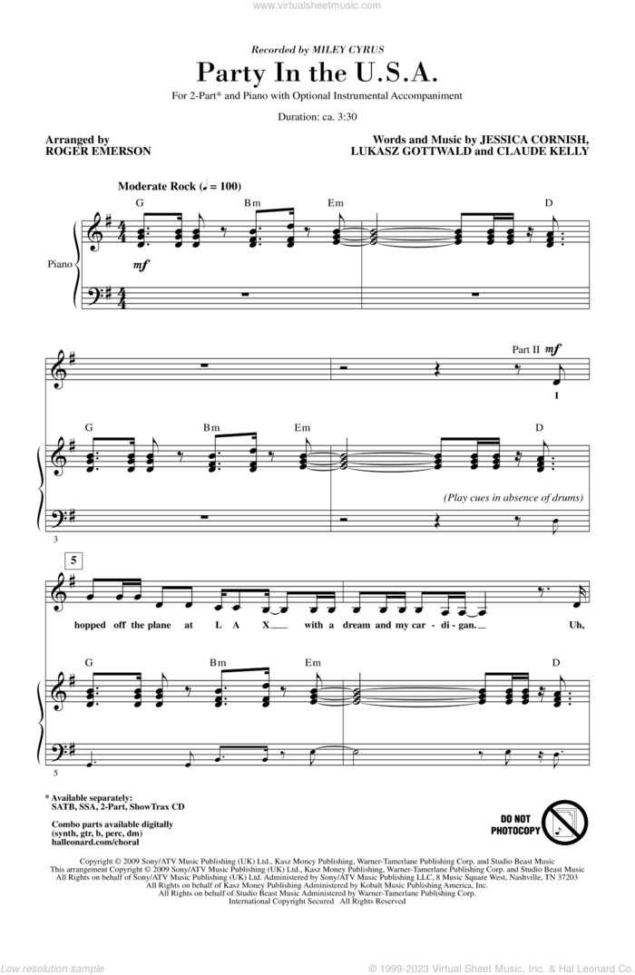 Party In The USA (arr. Roger Emerson) sheet music for choir (2-Part) by Claude Kelly, Jessica Cornish, Lukasz Gottwald, Miley Cyrus and Roger Emerson, intermediate duet