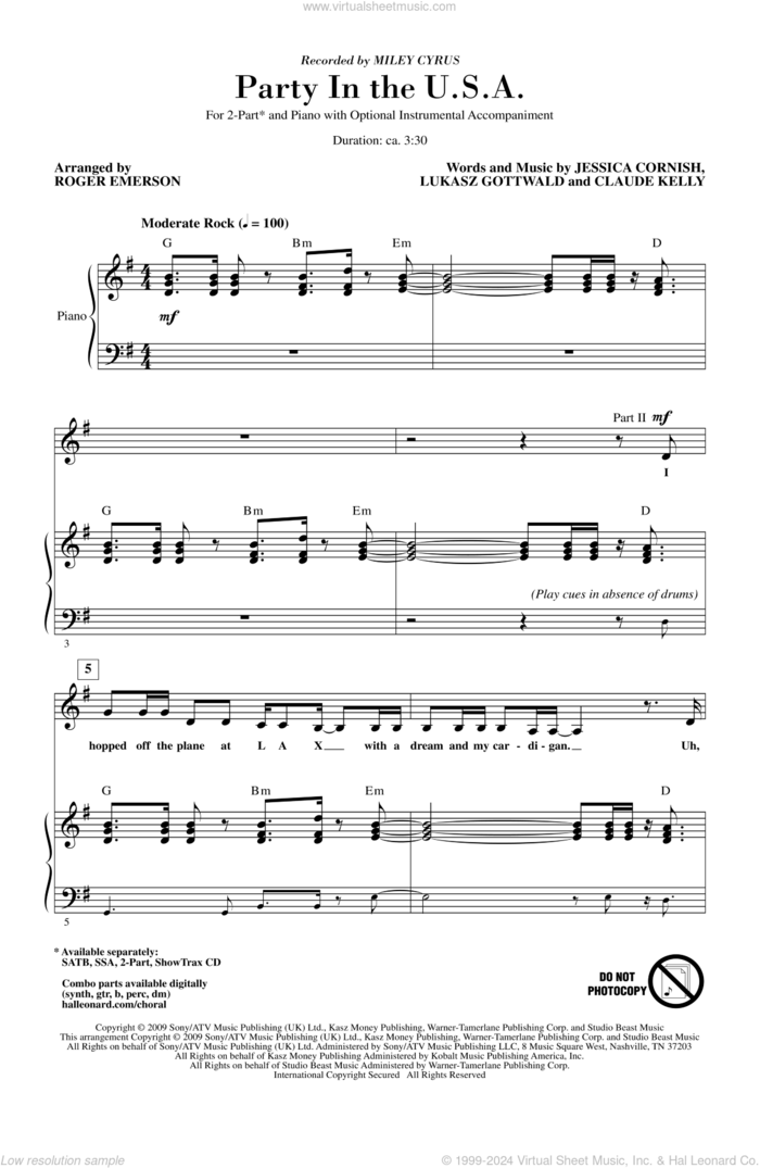 Party In The USA (arr. Roger Emerson) sheet music for choir (2-Part) by Claude Kelly, Jessica Cornish, Lukasz Gottwald, Miley Cyrus and Roger Emerson, intermediate duet