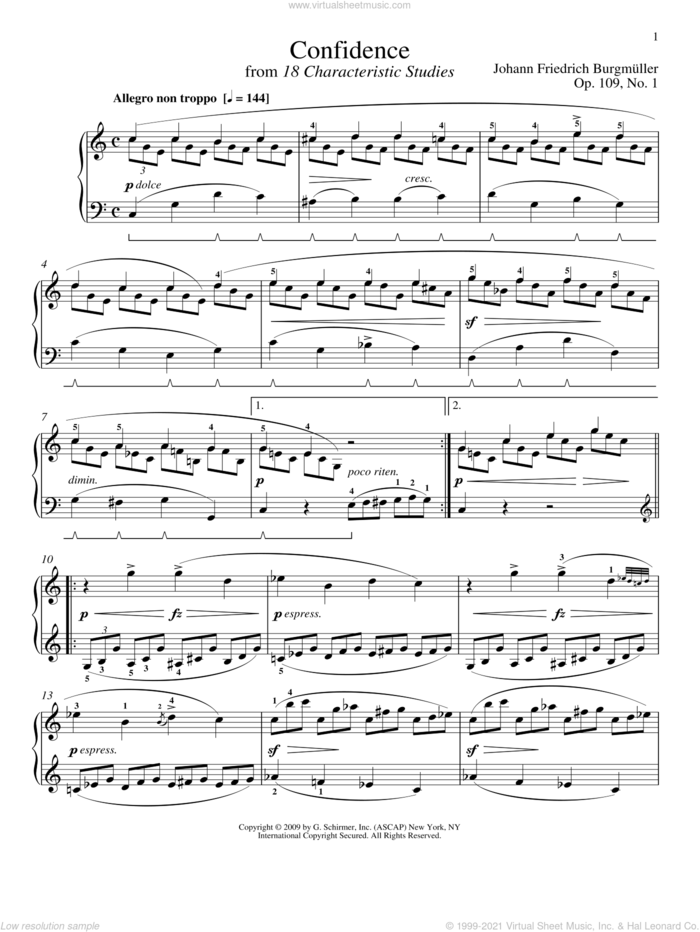 Confidence sheet music for piano solo by Friedrich Johann Franz Burgmuller and William Westney, classical score, intermediate skill level