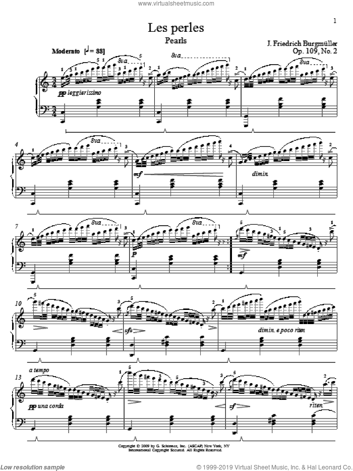 The Pearls sheet music for piano solo by Friedrich Johann Franz Burgmuller and William Westney, classical score, intermediate skill level