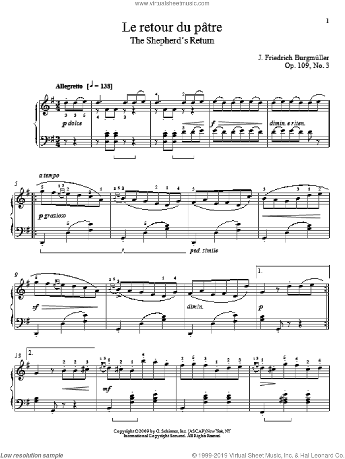 The Shepherd's Return sheet music for piano solo by Friedrich Johann Franz Burgmuller and William Westney, classical score, intermediate skill level