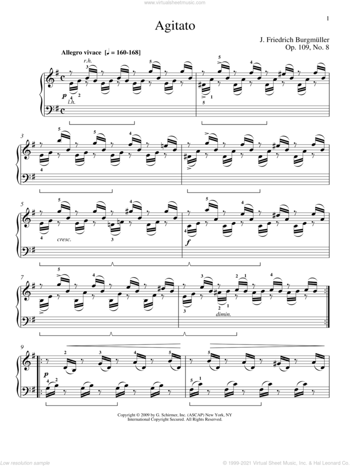 Agitato sheet music for piano solo by Friedrich Johann Franz Burgmuller and William Westney, classical score, intermediate skill level