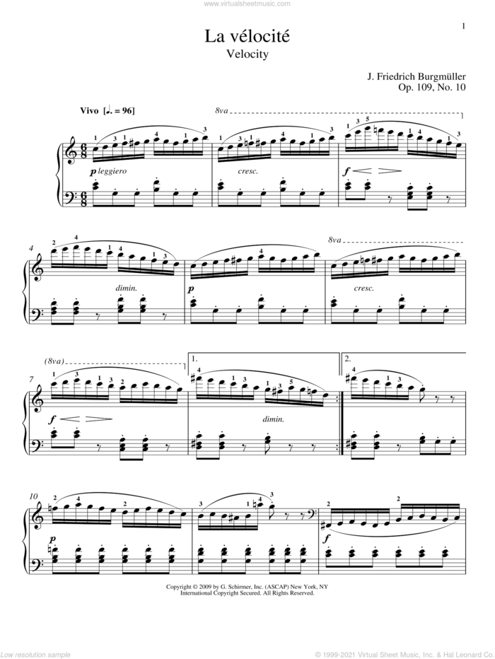 Velocity sheet music for piano solo by Friedrich Johann Franz Burgmuller and William Westney, classical score, intermediate skill level