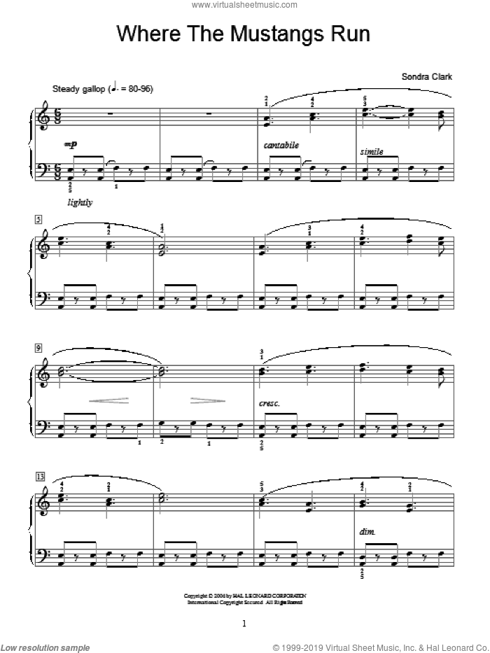 Where The Mustangs Run sheet music for piano solo (elementary) by Sondra Clark and Miscellaneous, beginner piano (elementary)