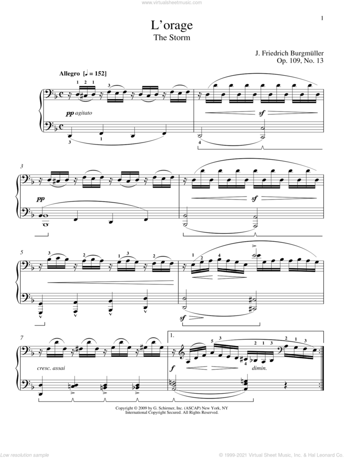 The Storm sheet music for piano solo by Friedrich Johann Franz Burgmuller and William Westney, classical score, intermediate skill level