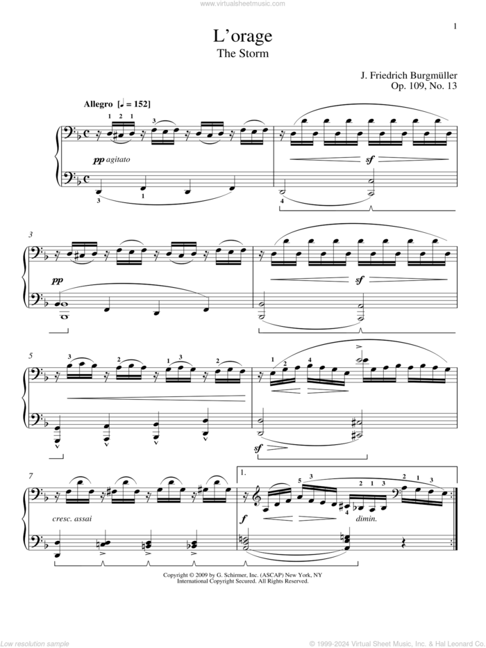 The Storm sheet music for piano solo by Friedrich Johann Franz Burgmuller and William Westney, classical score, intermediate skill level