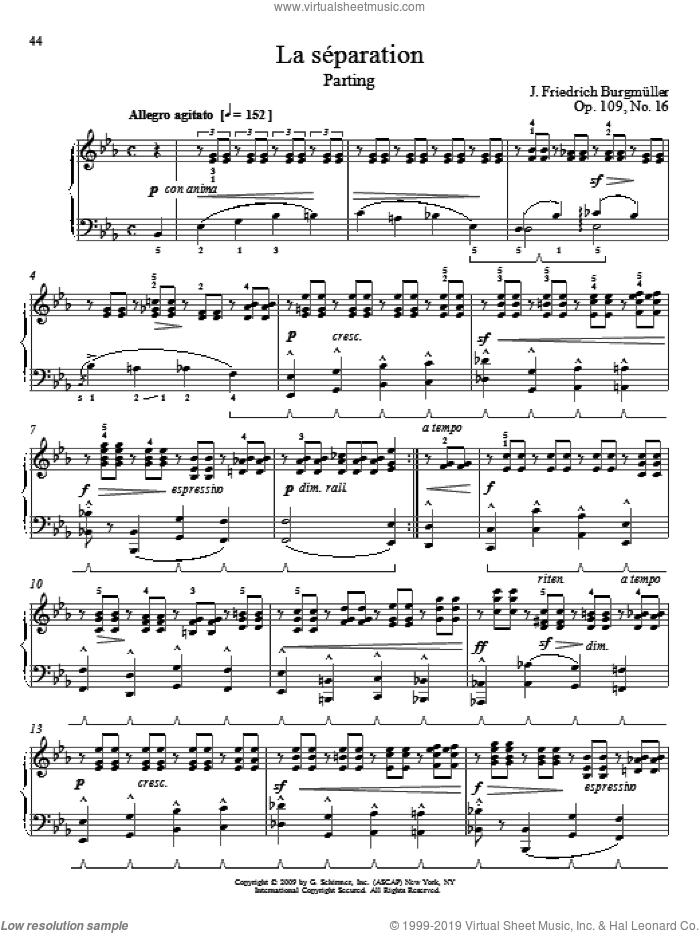 Parting sheet music for piano solo by Friedrich Johann Franz Burgmuller and William Westney, classical score, intermediate skill level