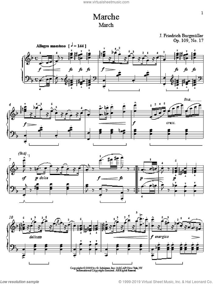March sheet music for piano solo by Friedrich Johann Franz Burgmuller and William Westney, classical score, intermediate skill level