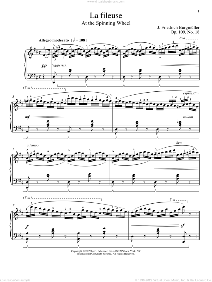 Spinning Song sheet music for piano solo by Friedrich Johann Franz Burgmuller and William Westney, classical score, intermediate skill level