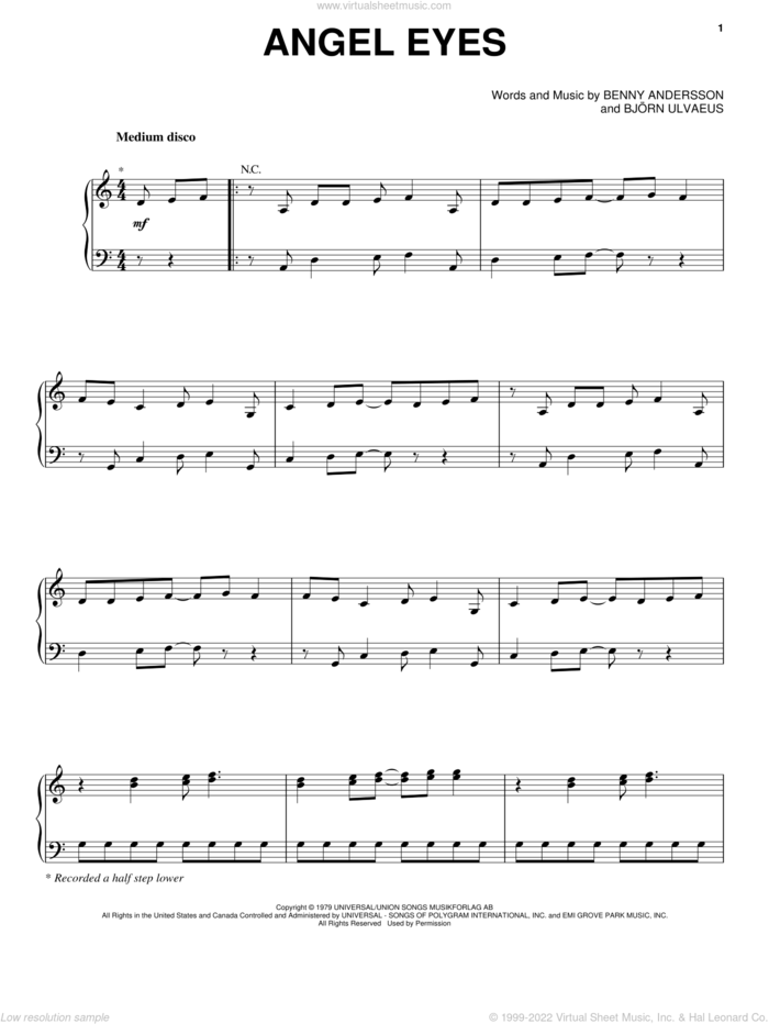 Angeleyes sheet music for voice, piano or guitar by ABBA, Benny Andersson, Bjorn Ulvaeus and Miscellaneous, intermediate skill level