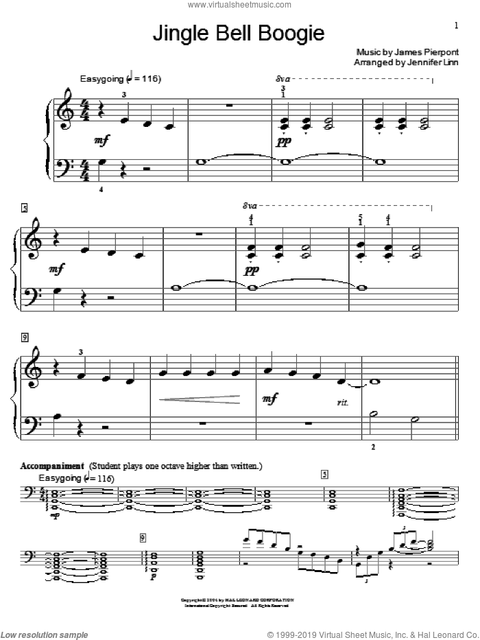 Jingle Bell Boogie sheet music for piano solo (elementary) by Jennifer Linn, Miscellaneous and James Pierpont, beginner piano (elementary)