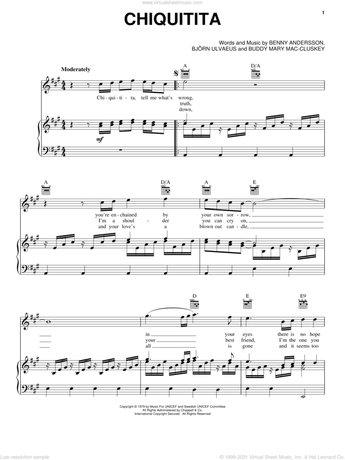 Chiquitita sheet music for voice, piano or guitar by ABBA, Mamma Mia! (Musical), Benny Andersson and Buddy Mary Mac-Cluskey, intermediate skill level