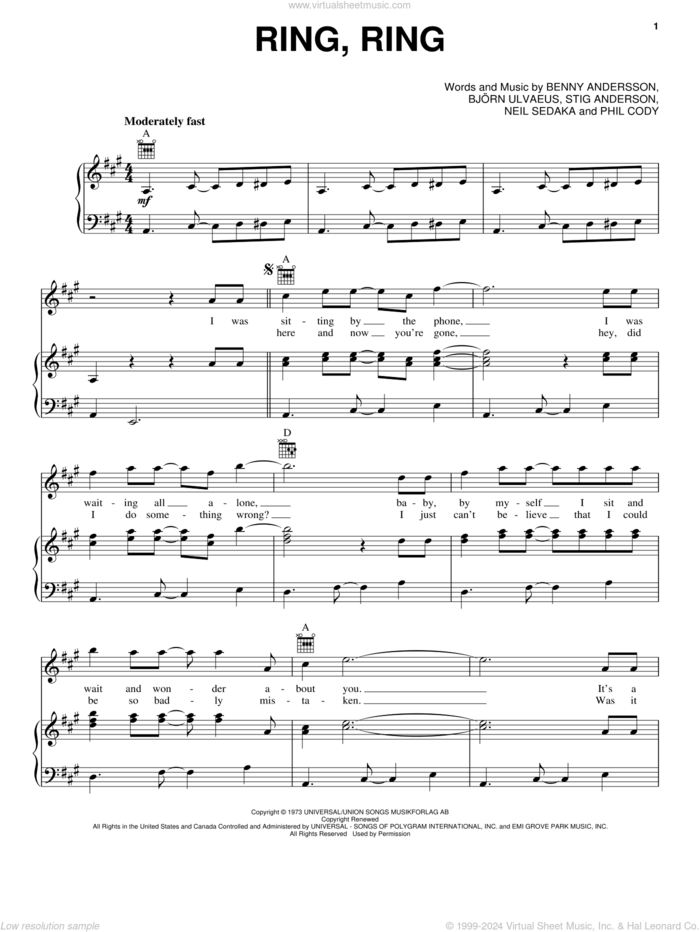 Ring, Ring sheet music for voice, piano or guitar by ABBA, Benny Andersson, Bjorn Ulvaeus, Miscellaneous, Neil Sedaka, Phil Cody and Stig Anderson, intermediate skill level