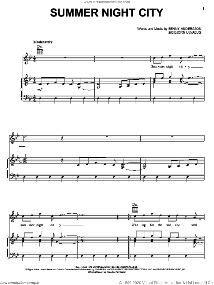 Summer Night City sheet music for voice, piano or guitar by ABBA, Benny Andersson, Bjorn Ulvaeus and Miscellaneous, intermediate skill level