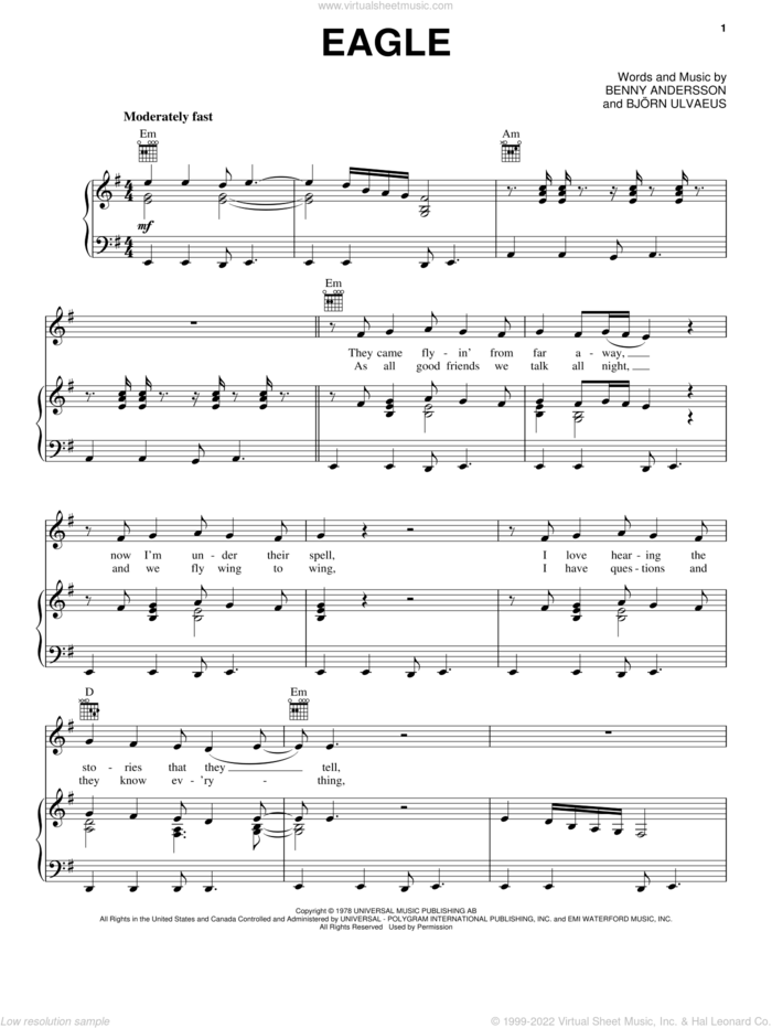 Eagle sheet music for voice, piano or guitar by ABBA, Benny Andersson, Bjorn Ulvaeus and Miscellaneous, intermediate skill level