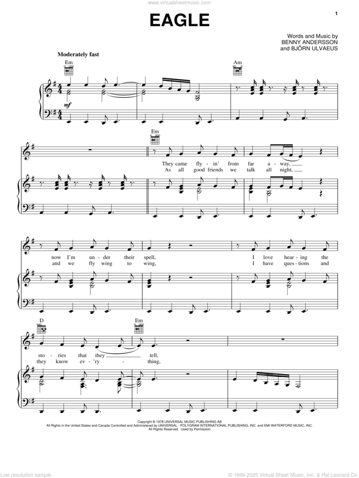 Eagle sheet music for voice, piano or guitar by ABBA, Benny Andersson, Bjorn Ulvaeus and Miscellaneous, intermediate skill level