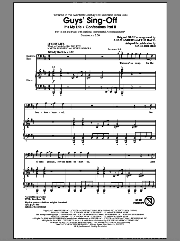 Guys' Sing-Off (from Glee) sheet music for choir (TTBB: tenor, bass) by Mark Brymer, Adam Anders, Glee Cast, Miscellaneous and Tim Davis, intermediate skill level
