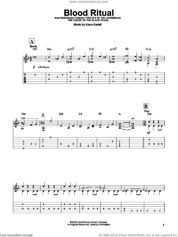 Blood Ritual sheet music for guitar solo (easy tablature) by Klaus Badelt and Pirates Of The Caribbean: The Curse Of The Black Pearl (Movie), easy guitar (easy tablature)