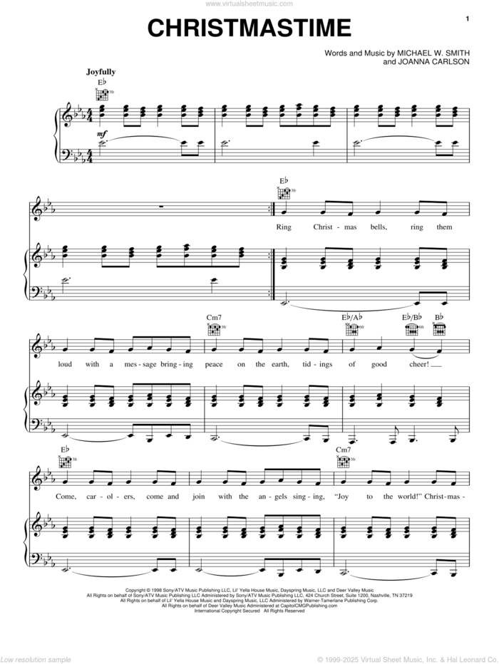 Christmastime sheet music for voice, piano or guitar by Michael W. Smith and Joanna Carlson, intermediate skill level